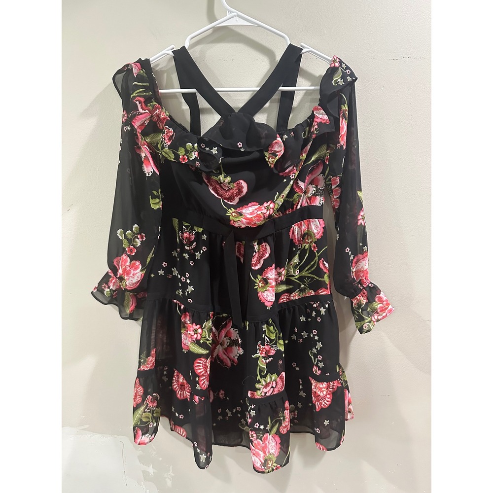 Express Floral Cold Shoulder Mini Dress Black Pink Ruffle Tiered Size 2